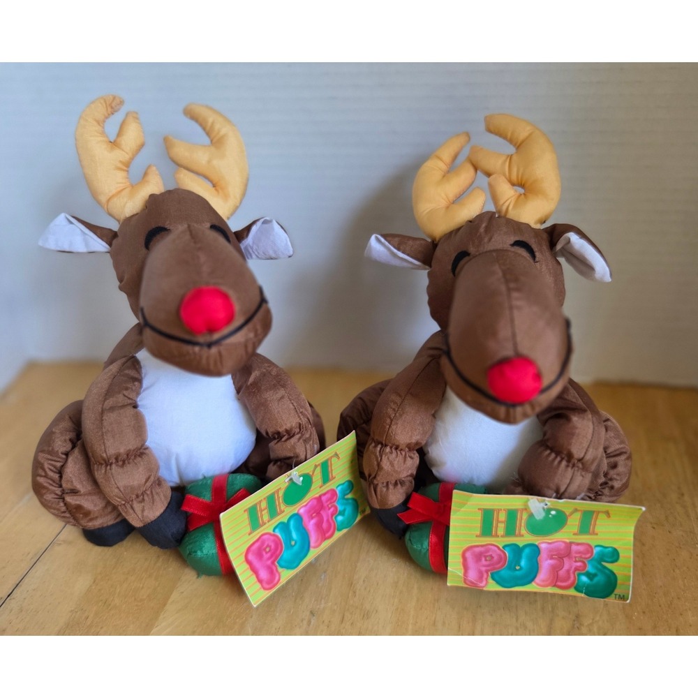 2 Vintage Commonwealth 1992 Hot Puffs Nylon Reindeer Plush Christmas Puffalump
